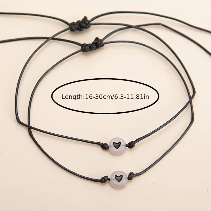 2-Pieces: Luminous Flat Round Shape Beads Braided Bracelet with Heart Shape Pattern