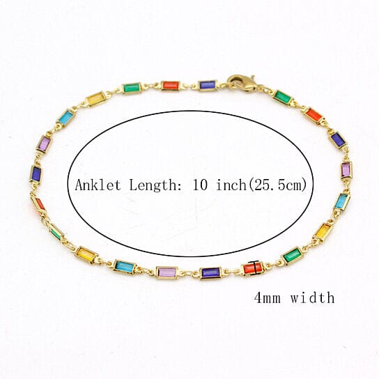 18k Gold Filled High Polish Finish Gold And Multi Color Dark Crystal Baguette Anklet