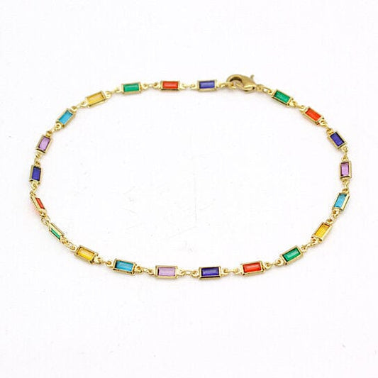 18k Gold Filled High Polish Finish Gold And Multi Color Dark Crystal Baguette Anklet