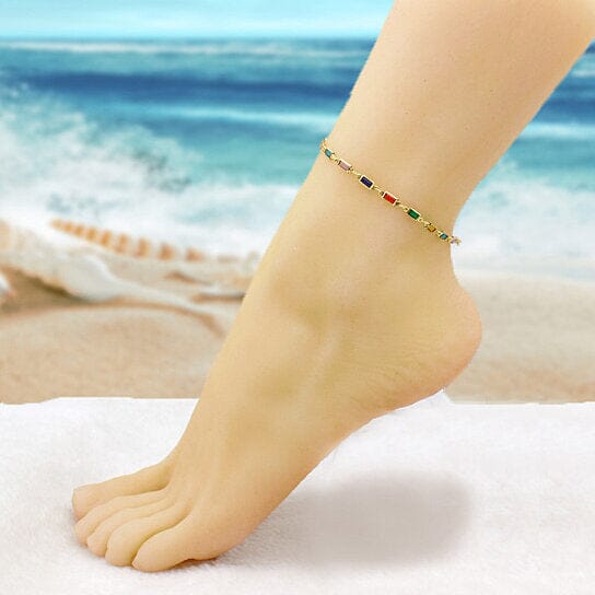 18k Gold Filled High Polish Finish Gold And Multi Color Dark Crystal Baguette Anklet