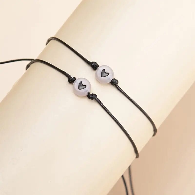2-Pieces: Luminous Flat Round Shape Beads Braided Bracelet with Heart Shape Pattern